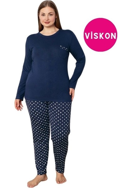 Kadın Büyük Geniş Beden Bisiklet Yaka Düğmesiz Mevsimlik Viskon Uzun Kol Cepli Pijama Takımı