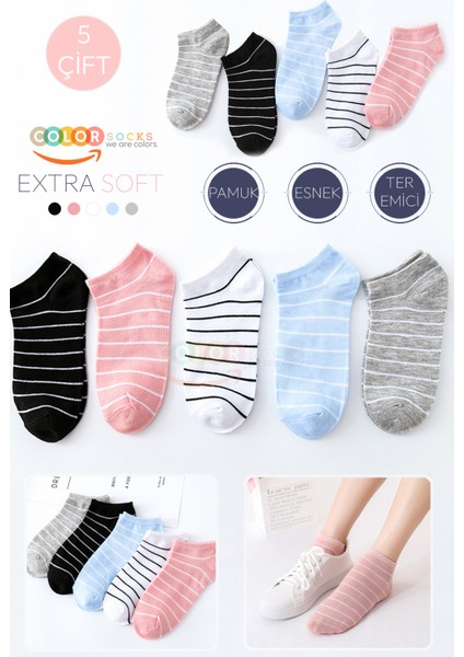 5 Çift Çizgili Kadın Patik Esnek Yazlık Çorap (Extra Soft)