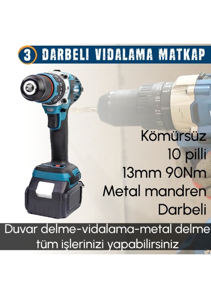PH278 Akülü Kömürsüz 5li Set Makine (800NM Somun Sökme, Kırıcı Delici , 13MM Darbeli Vidalama, 125MM Avuç Taşlama, Powerbank ve Led) 88VF 10P fiyatları