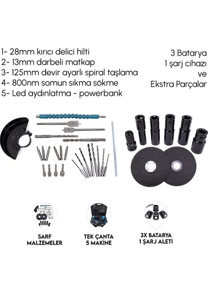 PH278 Akülü Kömürsüz 5li Set Makine (800NM Somun Sökme, Kırıcı Delici , 13MM Darbeli Vidalama, 125MM Avuç Taşlama, Powerbank ve Led) 88VF 10P