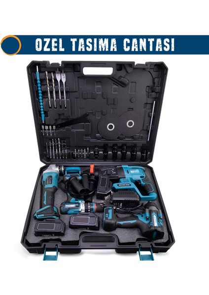PH278 Akülü Kömürsüz 5li Set Makine (800NM Somun Sökme, Kırıcı Delici , 13MM Darbeli Vidalama, 125MM Avuç Taşlama, Powerbank ve Led) 88VF 10P