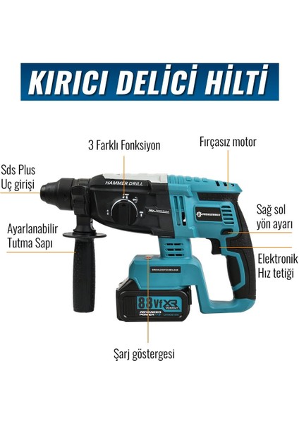 PH253 Profesyonel Akülü Süper 6lı Set Makina 88VF 5AH 125MM Avuç Taşlama, Sds Plus Kırıcı Delic, Somun Sıkma Sökme, Vidalama Matkap, Budama Testere, Budama Makası