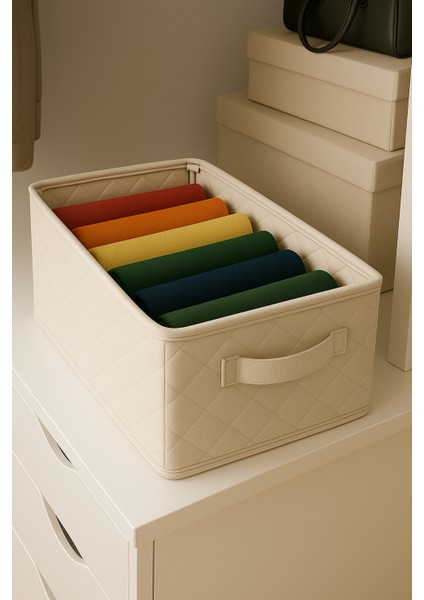 | Raf Düzenleyici 25 cm - Krem Tela Kumaş | 2 Adet | Çelik Destekli, Katlanabilir Kıyafet Saklama Organizeri fırsatları