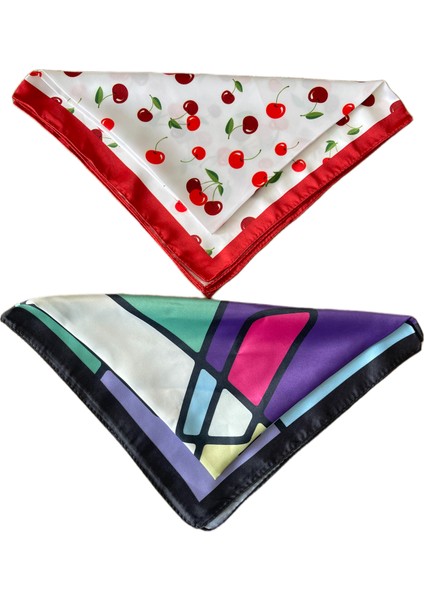 2 Li Saten Bandana Seti Saten Fular Saten Çanta Aksesuarı Özel Desen Bandana 45X50 cm