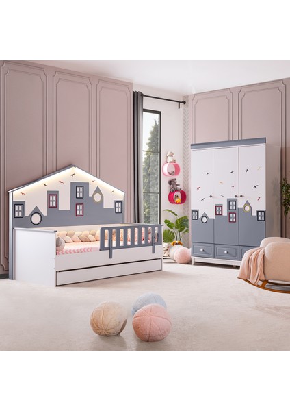 City Montessori Çocuk Odası Takımı - 3 Kapaklı Dolap, Yavrulu Yatak - Gri