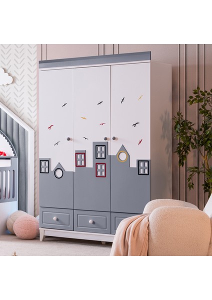 City Montessori Çocuk Odası Takımı - 3 Kapaklı Dolap, Yavrulu Yatak - Gri modelleri