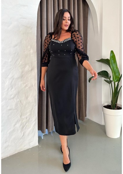 Kadın Büyük Beden Kalp Yaka Inci Detaylı Puantiyeli Tül Kol Yırtmaçlı Abiye Elbise 24123 Siyah