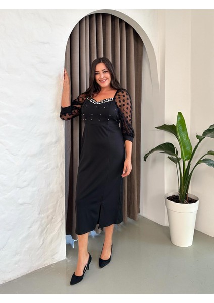 Kadın Büyük Beden Kalp Yaka Inci Detaylı Puantiyeli Tül Kol Yırtmaçlı Abiye Elbise 24123 Siyah fiyatları