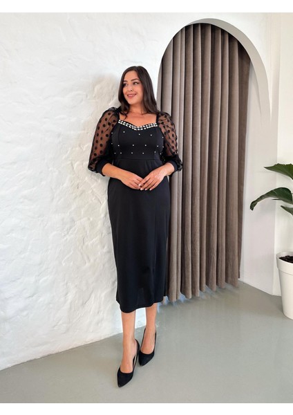 Kadın Büyük Beden Kalp Yaka Inci Detaylı Puantiyeli Tül Kol Yırtmaçlı Abiye Elbise 24123 Siyah modelleri