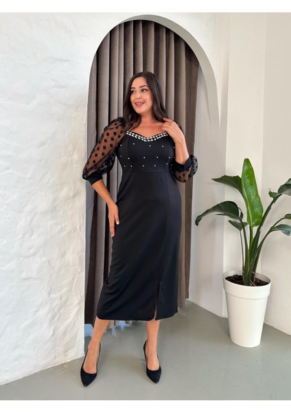 Kadın Büyük Beden Kalp Yaka Inci Detaylı Puantiyeli Tül Kol Yırtmaçlı Abiye Elbise 24123 Siyah fırsatları