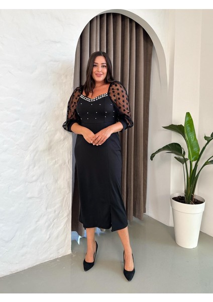 Kadın Büyük Beden Kalp Yaka Inci Detaylı Puantiyeli Tül Kol Yırtmaçlı Abiye Elbise 24123 Siyah indirimleri