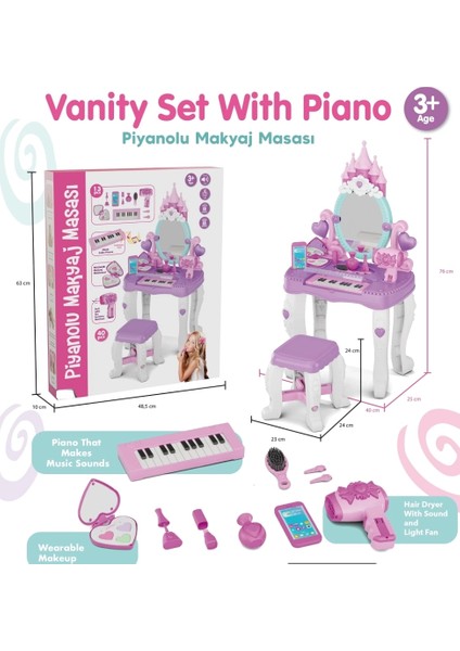 Prensesim Piyanolu Sandalyeli Makyaj ve Güzellik Masası Takımı