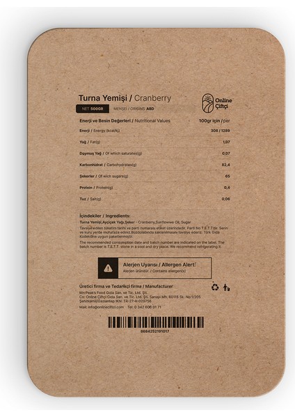 Cranberry Turna Yemiş 500GR fiyatları
