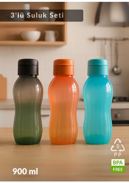 Suluk 3'lü Set Su Şişesi Bpa Free Okul Suluğu Pp-5 Suluk Spor Okul Ofis Suluğu Siyah-Turuncu-Mavi 900 ml