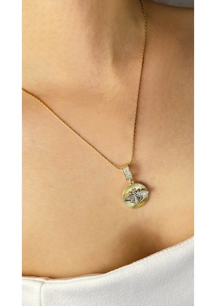 14K Altın Kaplama Arı Figürlü Zirkon Taşlı Çelik Kolye