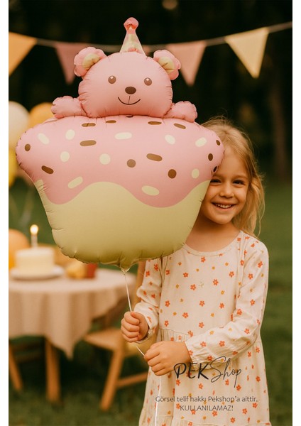 Pasta Üstünde Ayıcık Retro Pembe Folyo Balon