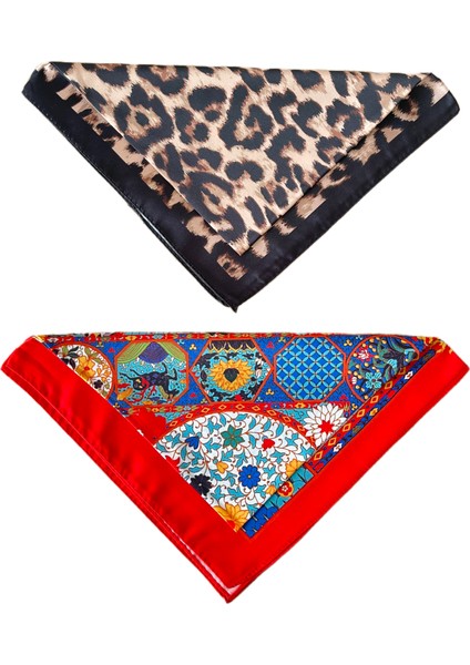 2 Li Saten Bandana Seti Saten Fular Saten Çanta Aksesuarı Özel Desen Bandana 45X50 cm