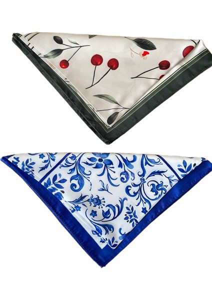 2 Li Saten Bandana Seti Saten Fular Saten Çanta Aksesuarı Özel Desen Bandana 45X50 cm