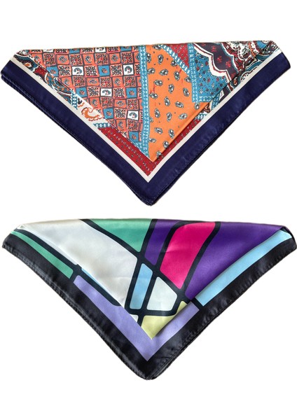 2 Li Saten Bandana Seti Saten Fular Saten Çanta Aksesuarı Özel Desen Bandana 45X50 cm
