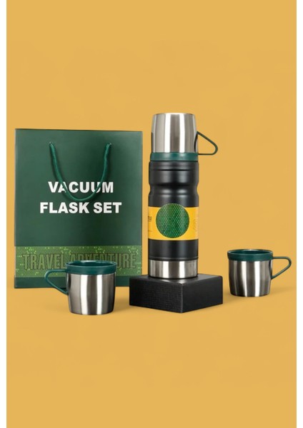 Paslanmaz Çelik 680 ml Vakumlu Termos Seti – 3’lü Çelik Bardaklı