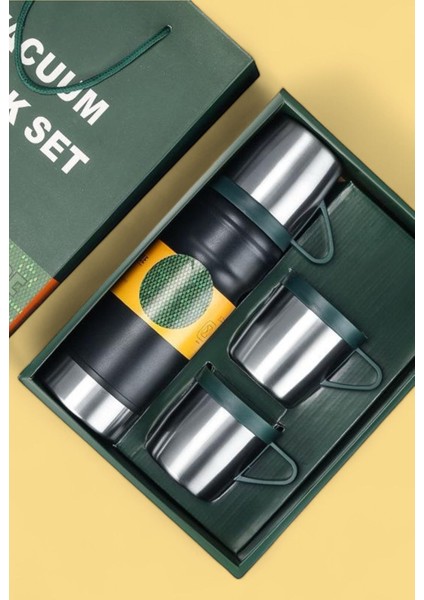 Paslanmaz Çelik 680 ml Vakumlu Termos Seti – 3’lü Çelik Bardaklı modelleri