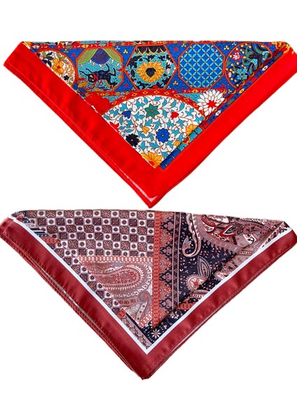 2 Li Saten Bandana Seti Saten Fular Saten Çanta Aksesuarı Özel Desen Bandana 45X50 cm