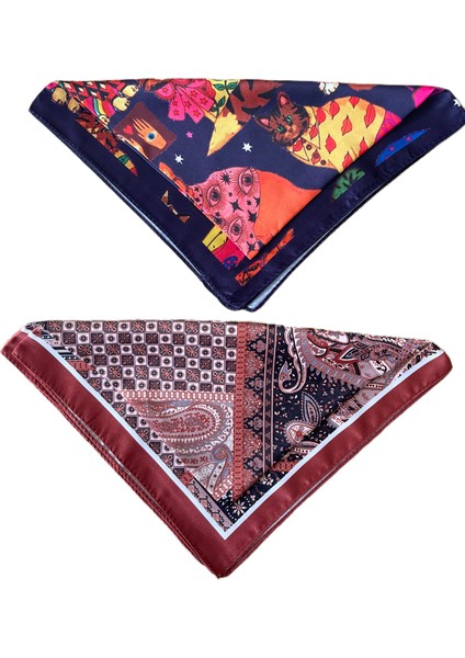 2 Li Saten Bandana Seti Saten Fular Saten Çanta Aksesuarı Özel Desen Bandana 45X50 cm