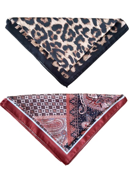 2 Li Saten Bandana Seti Saten Fular Saten Çanta Aksesuarı Özel Desen Bandana 45X50 cm
