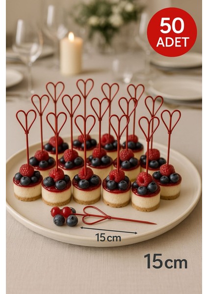 Doğal Bambu Kalpli Kürdan 15 cm – Kırmızı Renk, Sunum ve Davetler Için 50’li Paket