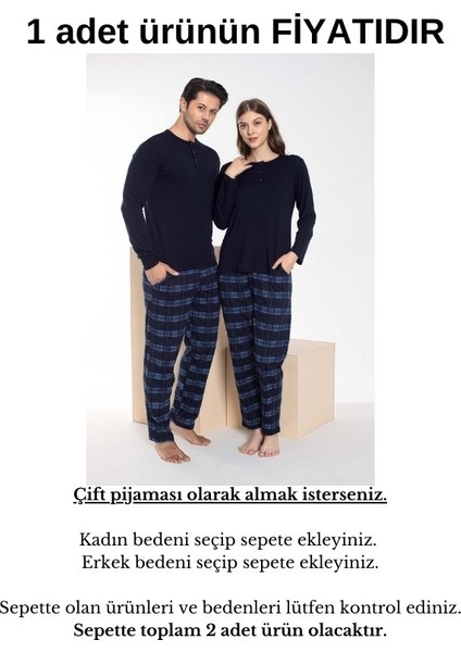 Çift Sevgili Eş Kombini Lacivert Mavi Ekose Desen Modal Uzun Kol Pijama Takımı-Tek Ürün Fiyatı-