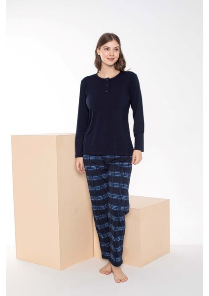 Çift Sevgili Eş Kombini Lacivert Mavi Ekose Desen Modal Uzun Kol Pijama Takımı-Tek Ürün Fiyatı- fırsatları