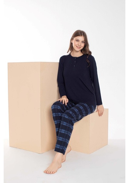 Çift Sevgili Eş Kombini Lacivert Mavi Ekose Desen Modal Uzun Kol Pijama Takımı-Tek Ürün Fiyatı- indirimleri