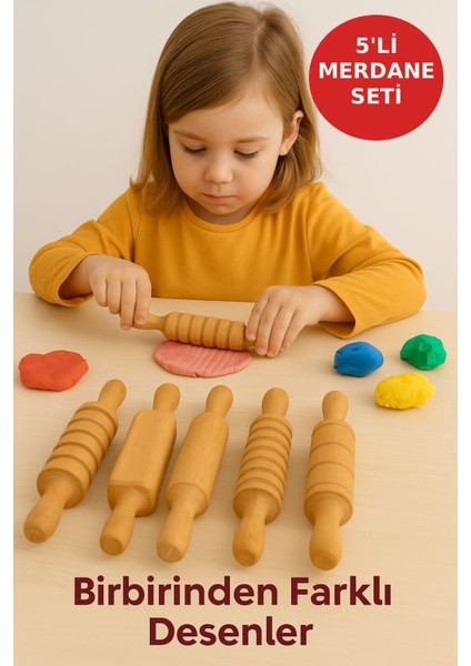 Ahşap 5’li Merdane Seti – Doğal Gürgen, Çocuk Dostu, Oyun Hamuru ve Gıda Için Uygun