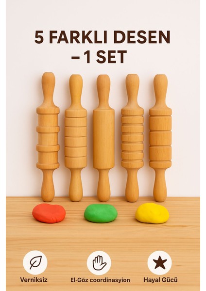 Ahşap 5’li Merdane Seti – Doğal Gürgen, Çocuk Dostu, Oyun Hamuru ve Gıda Için Uygun modelleri