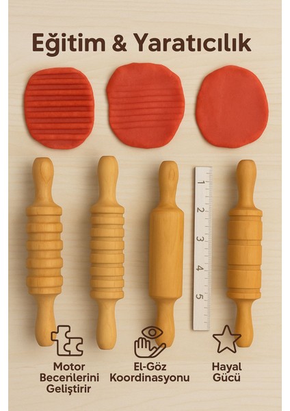 Ahşap 5’li Merdane Seti – Doğal Gürgen, Çocuk Dostu, Oyun Hamuru ve Gıda Için Uygun fırsatları