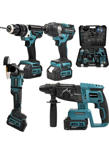 PH277 Profesyonel 21V 2AH Akülü 4lü Set 800NM Somun Sökme, Vidalama Matkap, Kırıcı Delici Hilti ve Avuç Taşlama