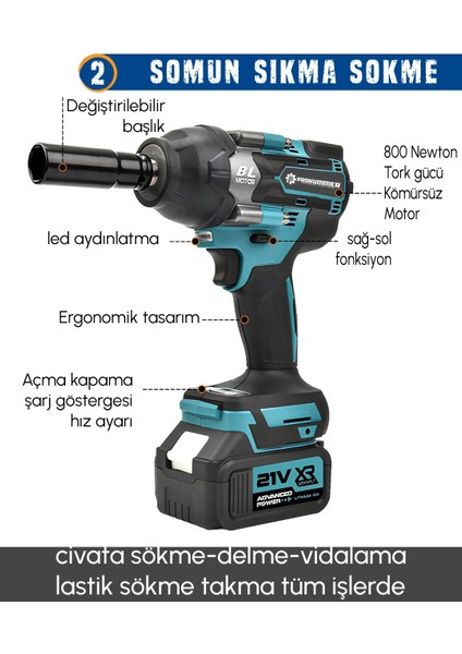 PH277 Profesyonel 21V 2AH Akülü 4lü Set 800NM Somun Sökme, Vidalama Matkap, Kırıcı Delici Hilti ve Avuç Taşlama modelleri