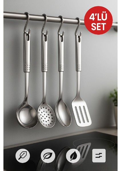 4’lü Paslanmaz Çelik Mutfak Servis Seti – Kepçe, Kevgir, Kaşık ve Spatula Takımı 34 cm