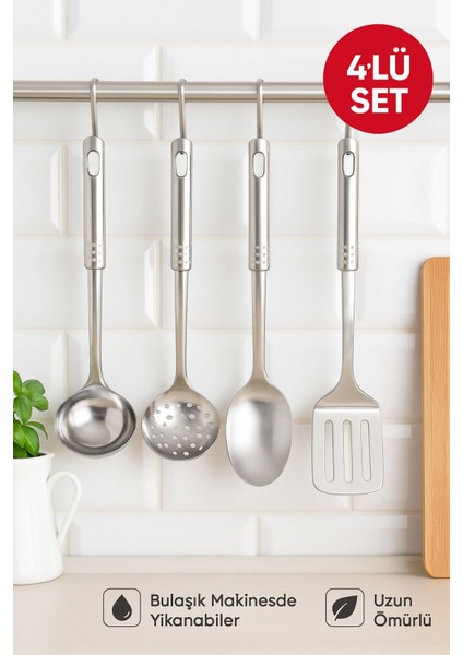 4’lü Paslanmaz Çelik Mutfak Servis Seti – Kepçe, Kevgir, Kaşık ve Spatula Takımı 34 cm modelleri