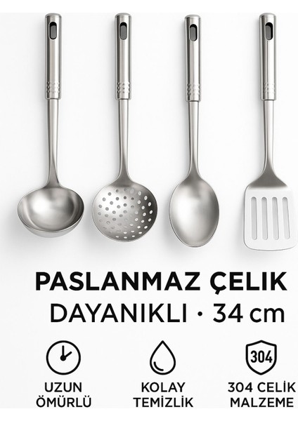 4’lü Paslanmaz Çelik Mutfak Servis Seti – Kepçe, Kevgir, Kaşık ve Spatula Takımı 34 cm fırsatları