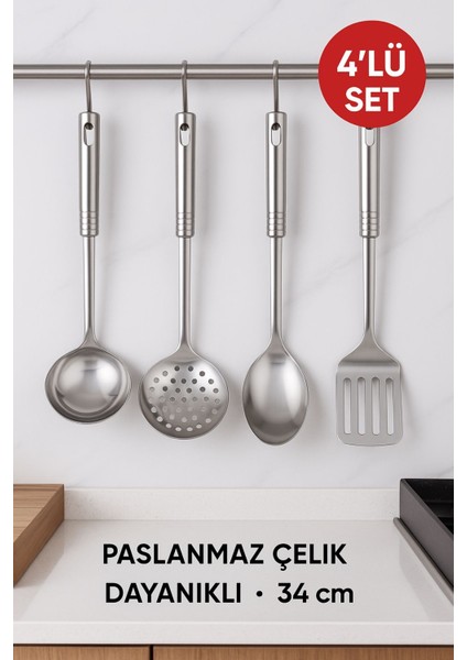 4’lü Paslanmaz Çelik Mutfak Servis Seti – Kepçe, Kevgir, Kaşık ve Spatula Takımı 34 cm indirimleri