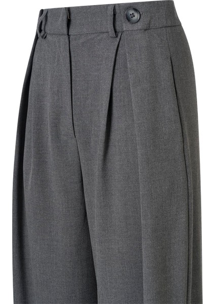 Kadın Gri Düğme Detay Yüksek Bel Palazzo Pantolon
