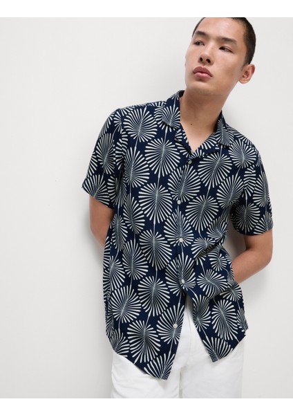 Geometrik Desenli Küba Yaka Gömlek indirimleri