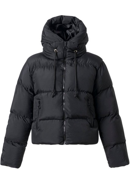 Kadın Siyah Kapüşonlu Kısa Şişme Mont