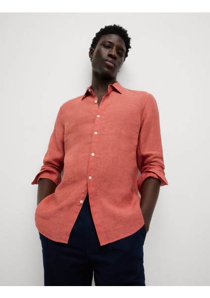 Regular Fit Saf Keten Gömlek