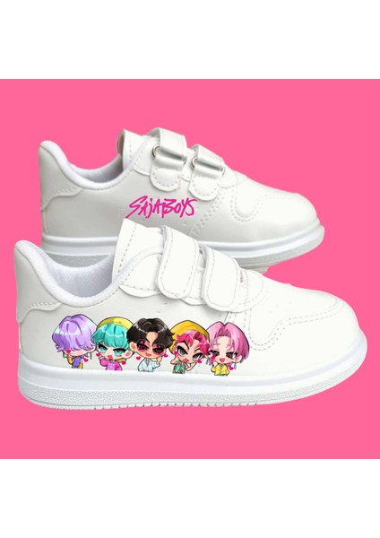Saja Saja K Pop Baskılı Beyaz Bantlı Çocuk Spor Ayakkabı Sneaker