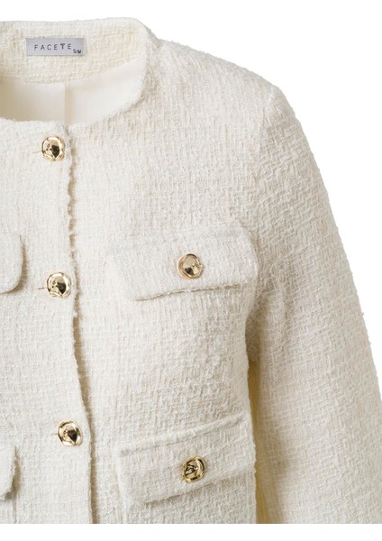 Kadın Ekru Düğme Detay Tüvid Ceket