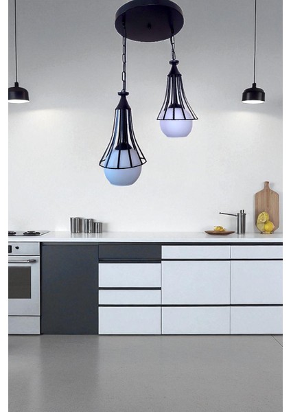 Huni 2’li Sarkıt Avize – Siyah Metal, Beyaz Cam Top, Modern Tekli Avize | E27 Uyumlu, Yerli Üretim