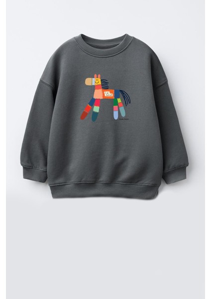 Unisex Çocuk Baskılı 3 Iplik Kumaş Pamuklu Sweatshirt