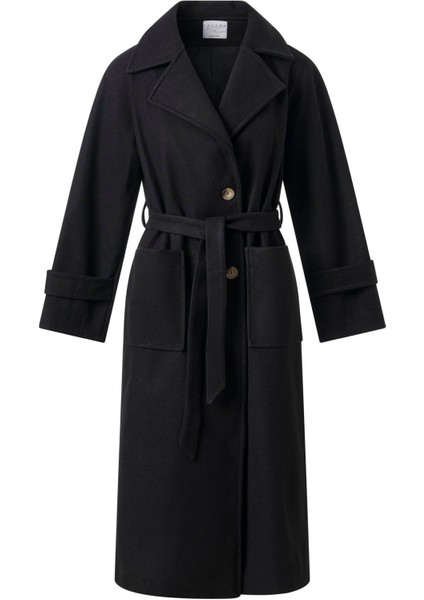 Kadın Siyah Kol Apoletli Kuşaklı Kaşe Kaban